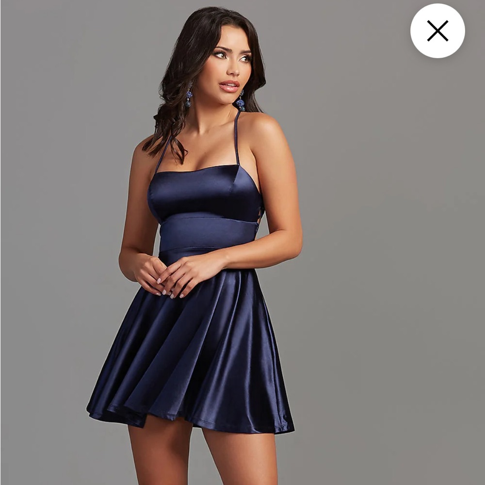 Navy homecoming dress, backless, satin fabric